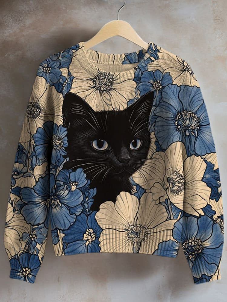 Women's Black Cat Peeked Behind The Flowers Print Knit Sweatshirt elevenforest