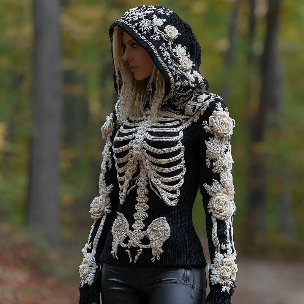 Women's Halloween Skeleton Bones With Floral Art Knitted Warm Hooded Sweater artswardrobe