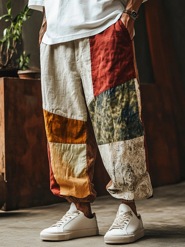 Boho Patchwork Fabric Art Men's Vintage Linen Casual Pant artswardrobe