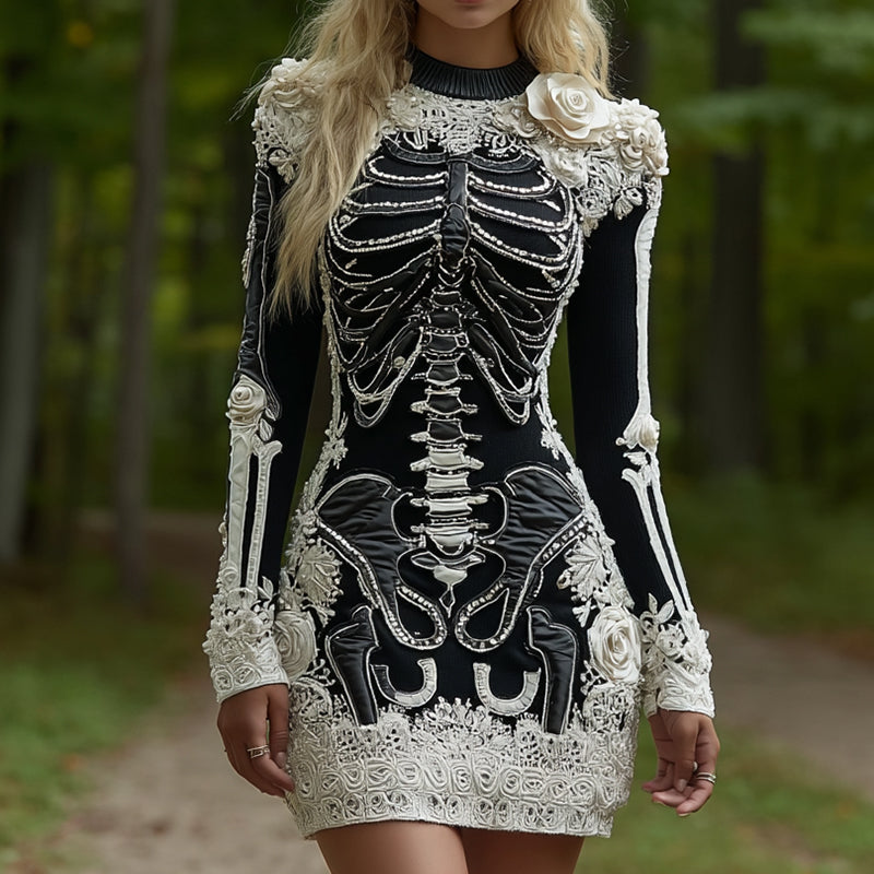 Women's Halloween Skeleton Bones Leather With Rose Pattern Art Hot Sexy Style Cozy Knit Mini Sweater Dress artswardrobe