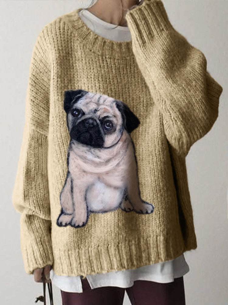 Comstylish Lovely Pug Dog Wool Art Cozy Knit Sweater