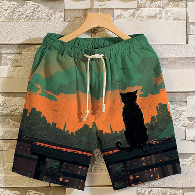 Men's Sunset Landscape Cat Back View Art Print Linen Blend Casual Shorts elevenforest
