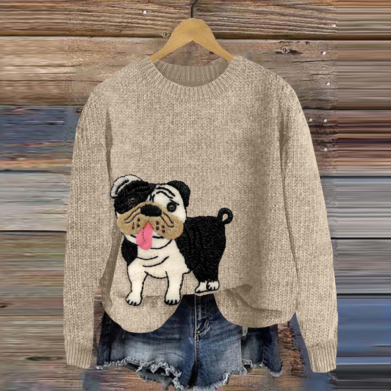 Comstylish Funny Mini English Bulldog Applique Cozy Sweater