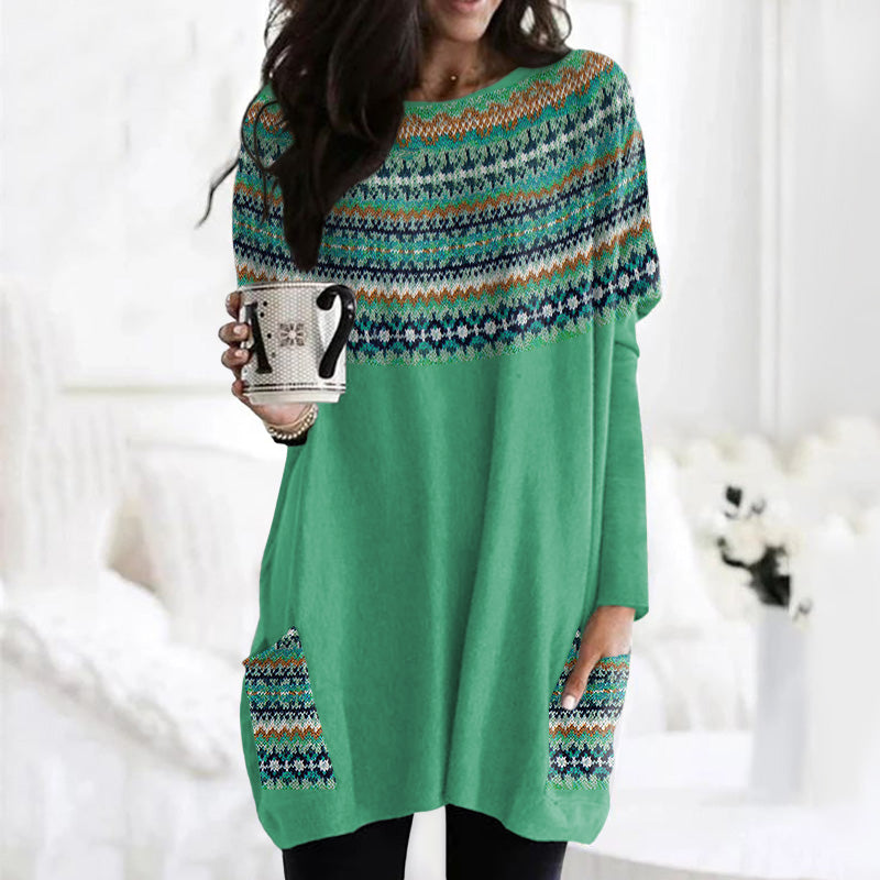 Vintage Icelandic Tribal Graphic Knit Warm Crew Neck Midi Sweater Dress elevenforest