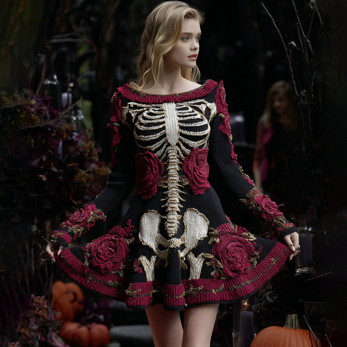 Women's Vintage Floral Skull Pattern Knit Mini Sweater Dress artswardrobe