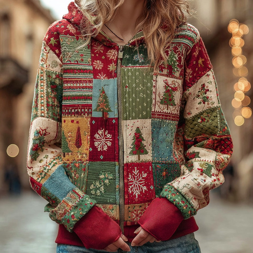 Comstylish Women's Christmas Patchwork Casual Zip-up Hoodie