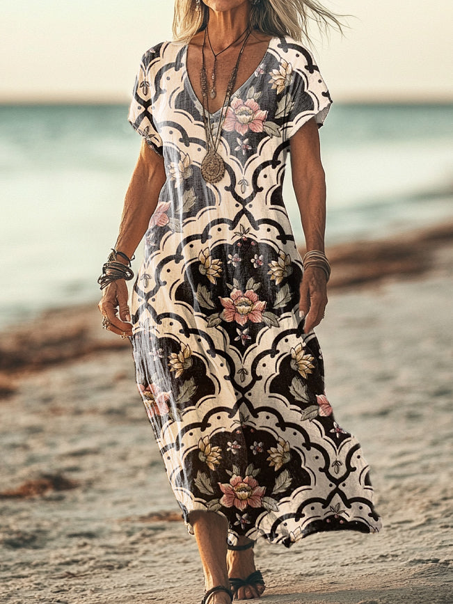 Women's Vintage Ethnic Floral Art Print Pocket Cotton Dress