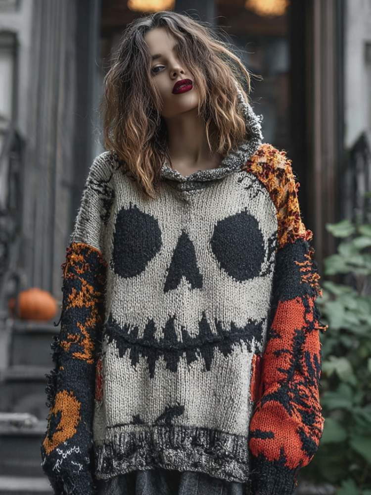 Halloween Dark Gothic Style Pumpkin Face Pattern Hooded Knit Sweater artswardrobe