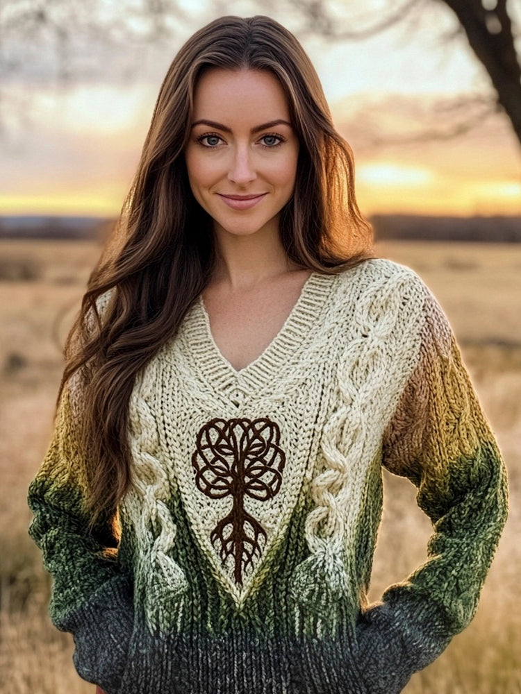 Irish Tree Of Life Pattern Women's Gradient V-neck Sweater artswardrobe