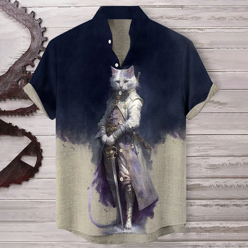 Retro Japanese Color Block Handsome Cat General Officer Print Shirt elevenforest