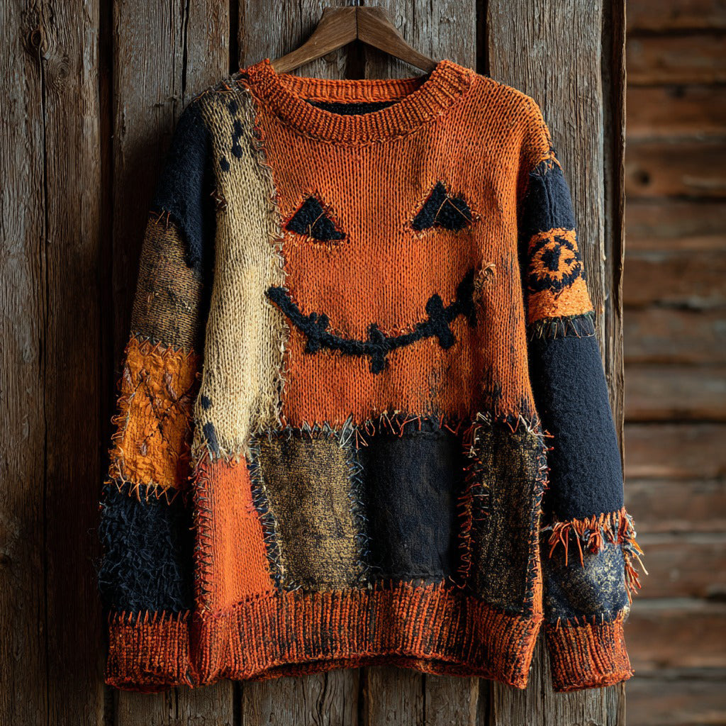 Halloween Pumpkin Face Contrast Stitched Cozy Knit Sweater elevenforest
