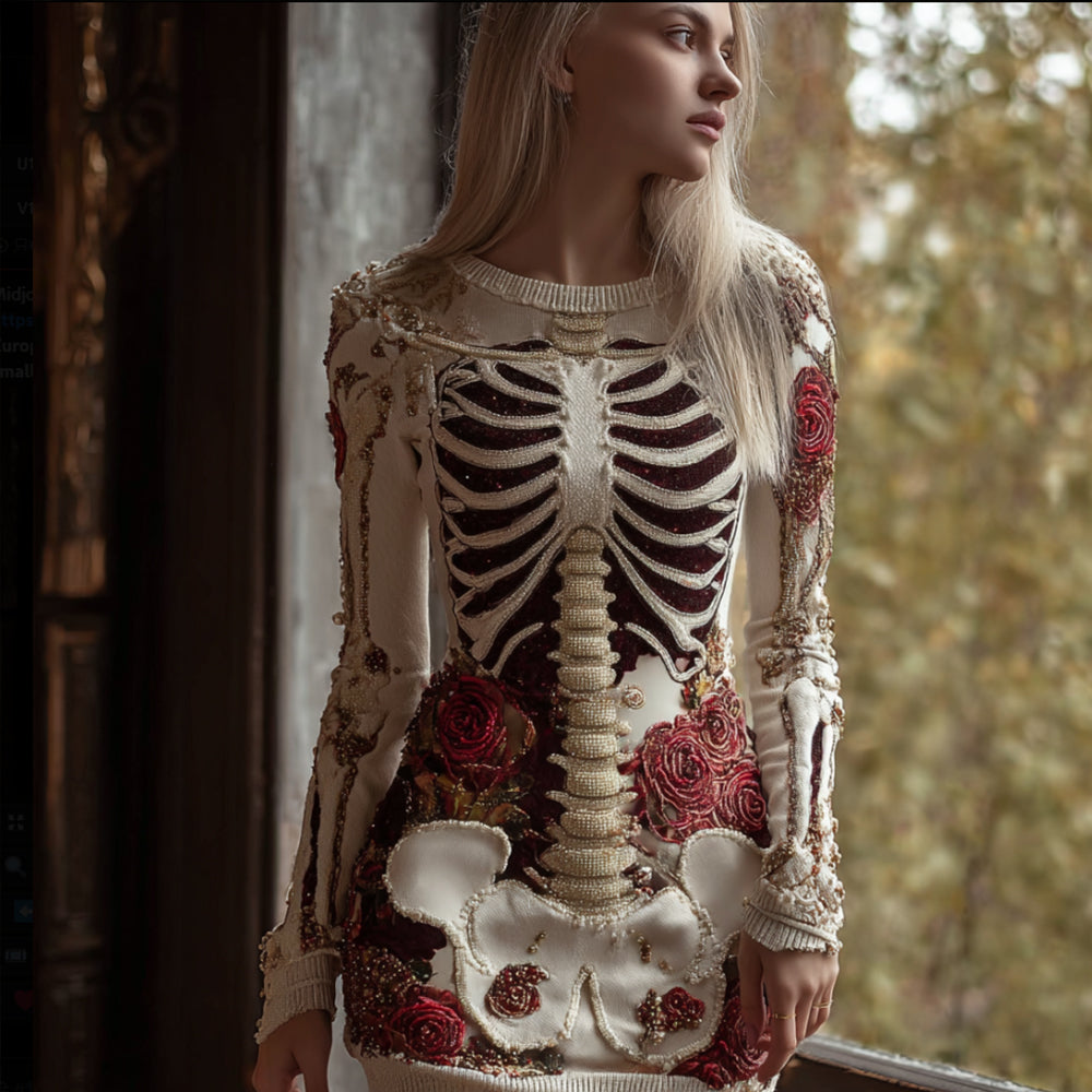 Women's Halloween Skeleton Rose White Mini Skirt artswardrobe