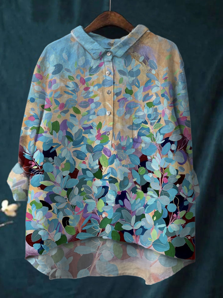 Ladies Casual Colorful Leaf Print Cotton And Linen Shirt