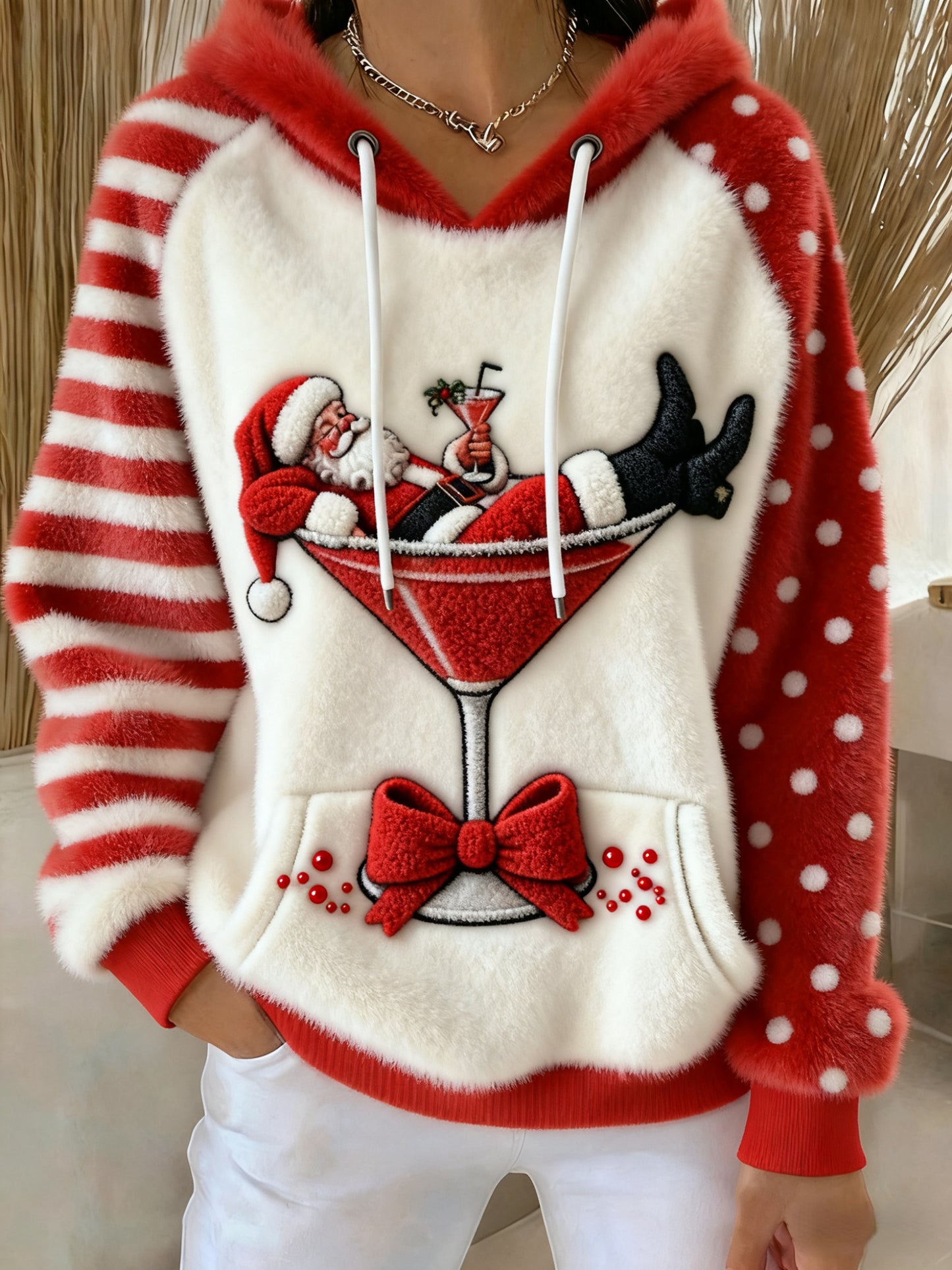 Christmas Colorblock Santa Wine Glass Cozy Plush Hooded Sweater
