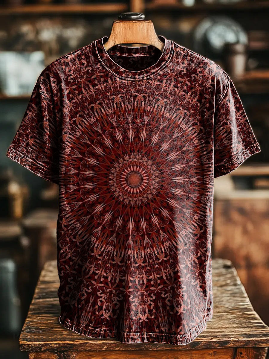 Retro Red kaleidoscope Vintage Art Print Casual T-shirt For Men And Wo
