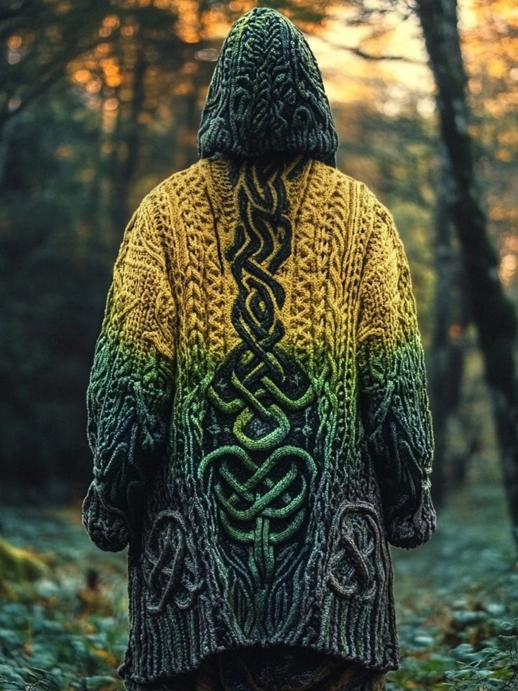 Retro Irish Celtic Jacquard Gradient Chunky Hooded Cardigan artswardrobe