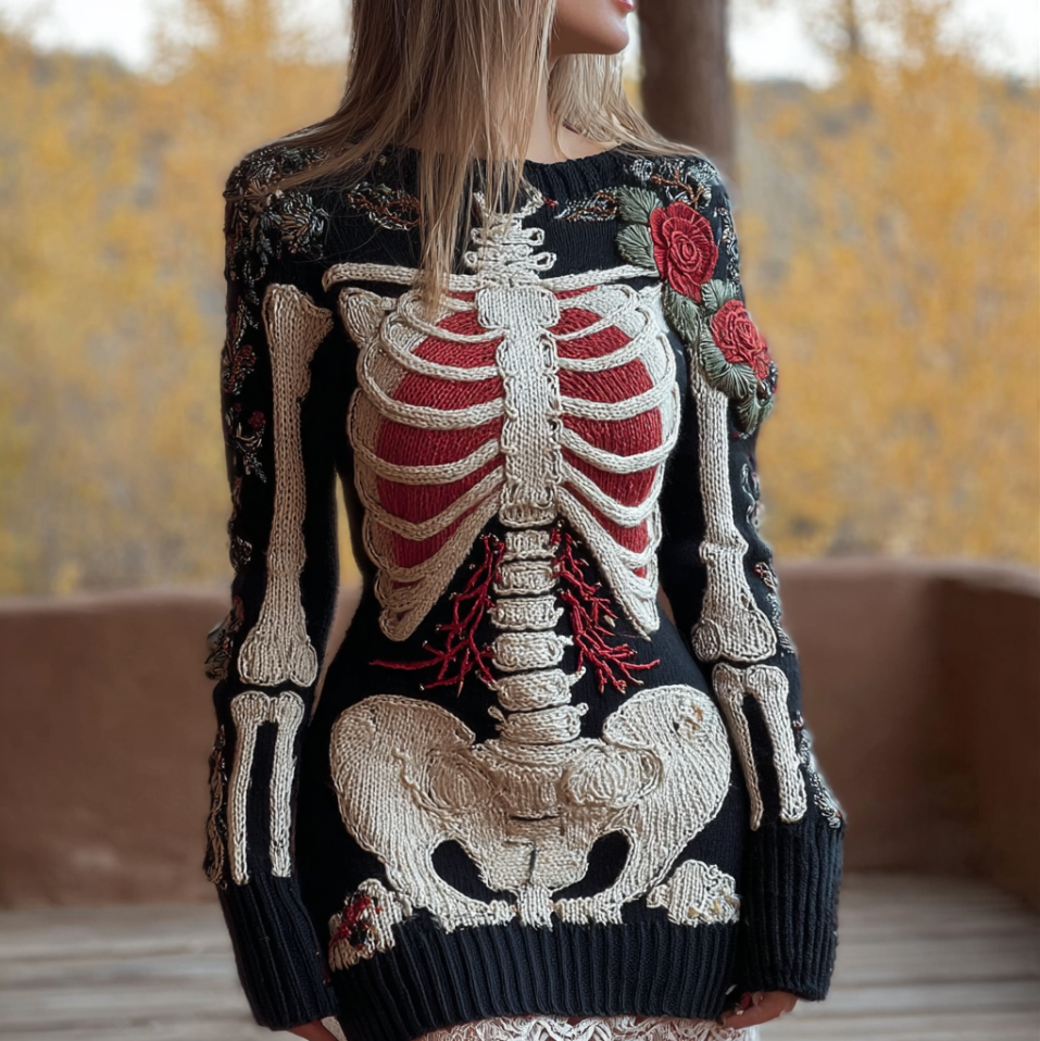 Halloween Human Anatomy Pattern And Flower Pattern Combined Design Women's Round Neck Knit Sweater Dress artswardrobe