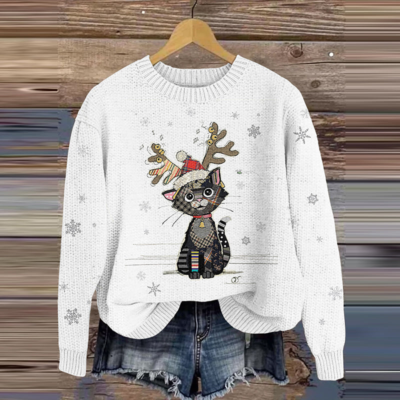 Women's Christmas Cat Knitted Pattern Sweater elevenforest