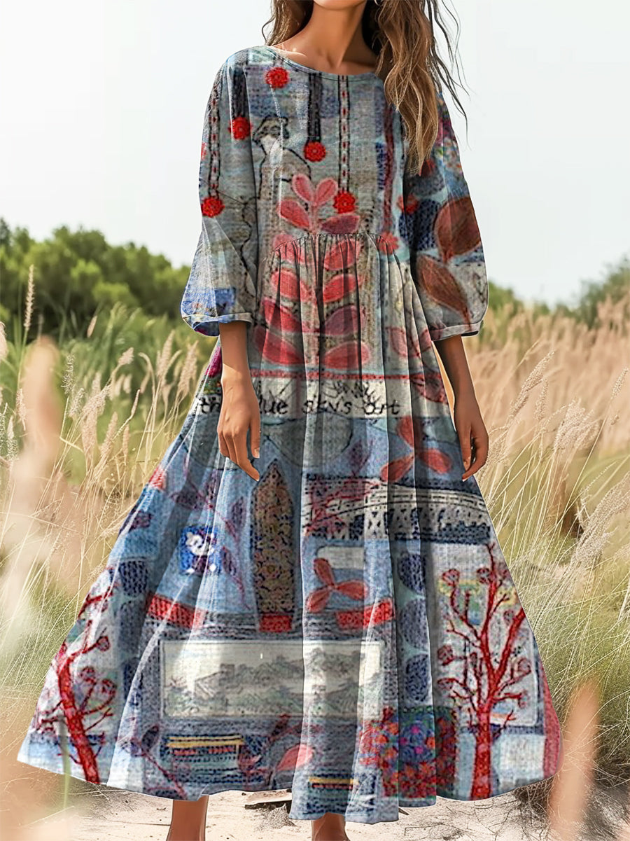 Women's Vintage Floral Art Print Flowy Cotton Crew Neck Dress