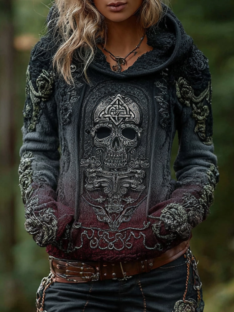 Women's Vintage Skeleton Celtic Triangle Gradient Hooded Sweater elevenforest