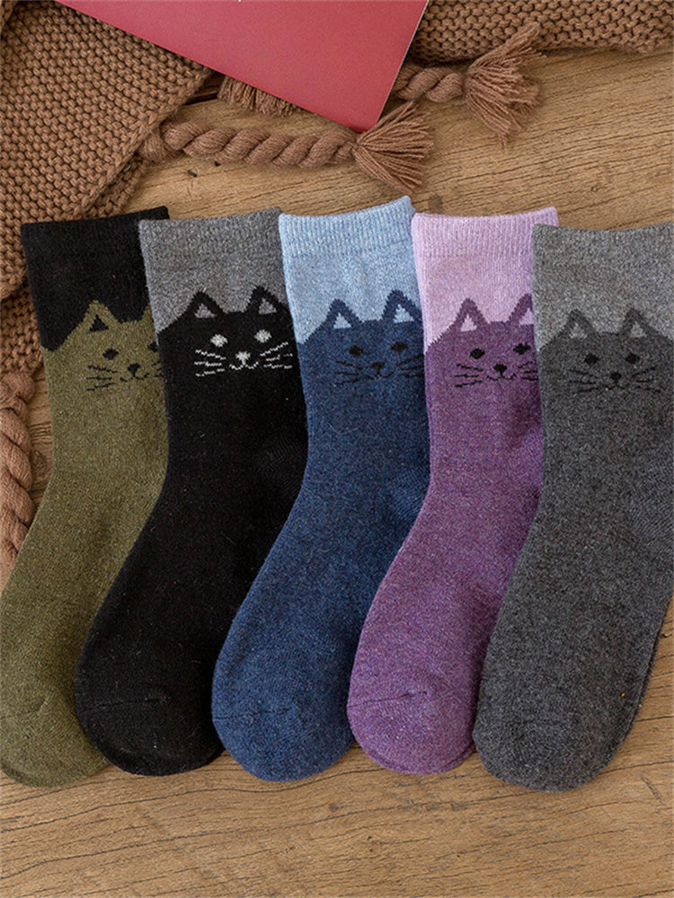 Lovely Cat Face Contrast Color Knit Socks Set elevenforest