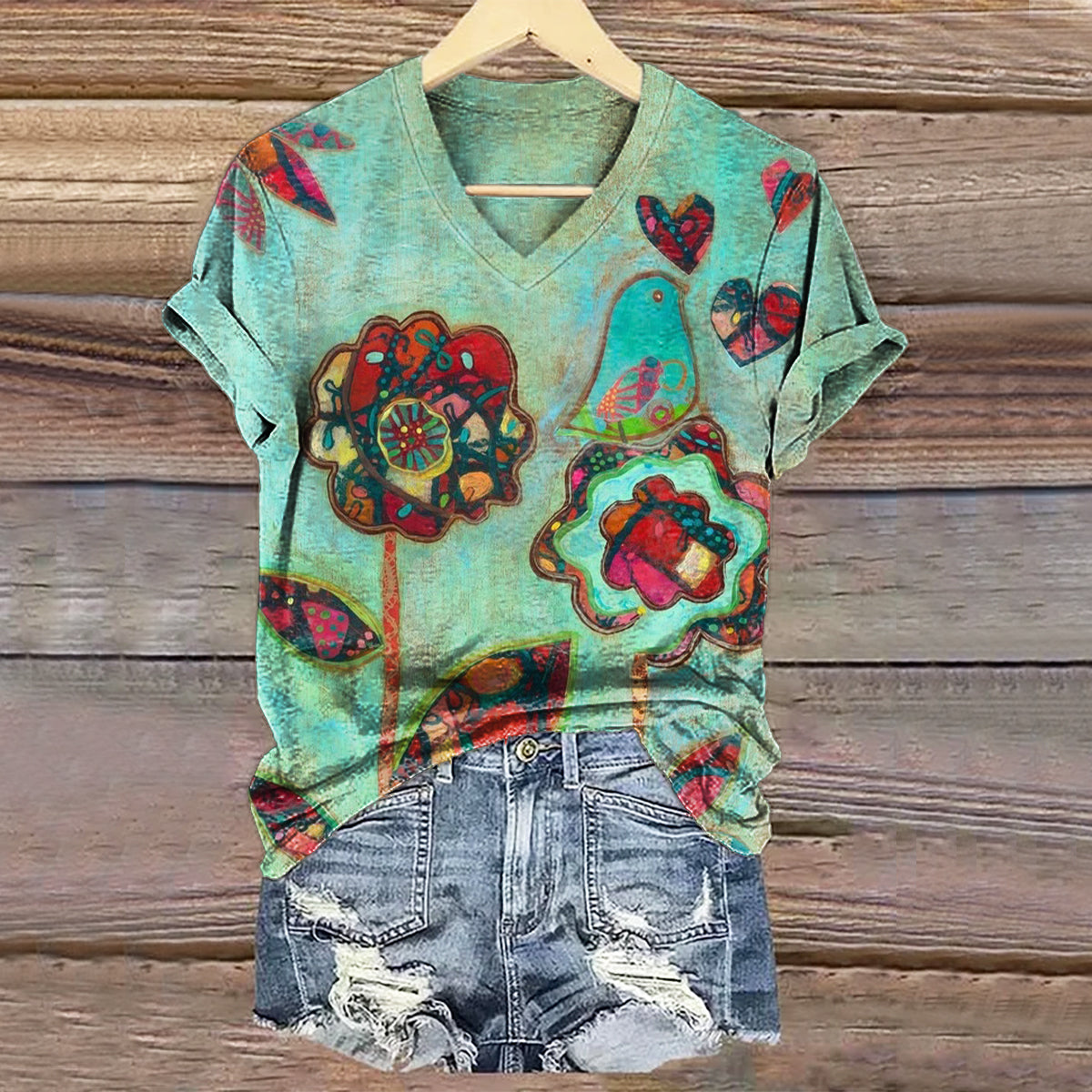 Women's Vintage Floral Bird Art Print V-neck Casual T-Shirt