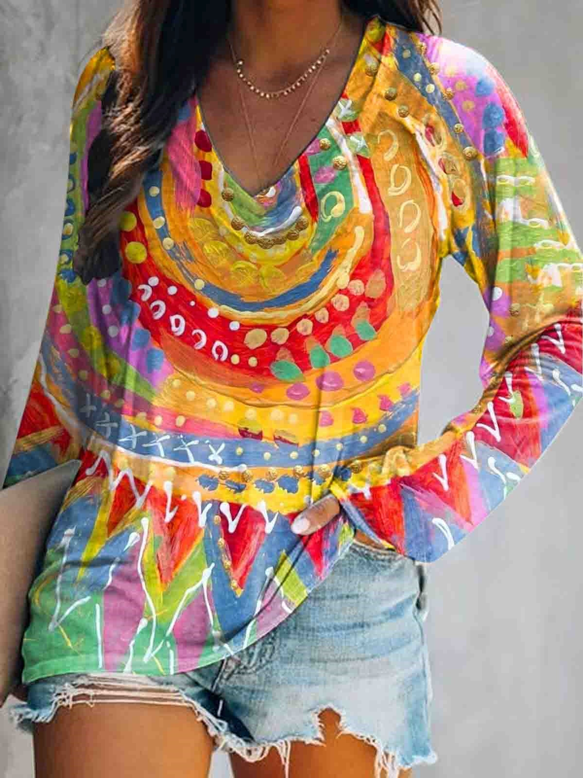 Women's Colorful Pattern Art Print V-Neck Long Sleeve Top