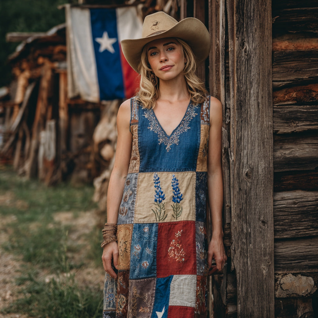 Women's Western Texas Flag Patchwork Bluebonnets Embroidered Print V-neck Tank Midi Dress artswardrobe