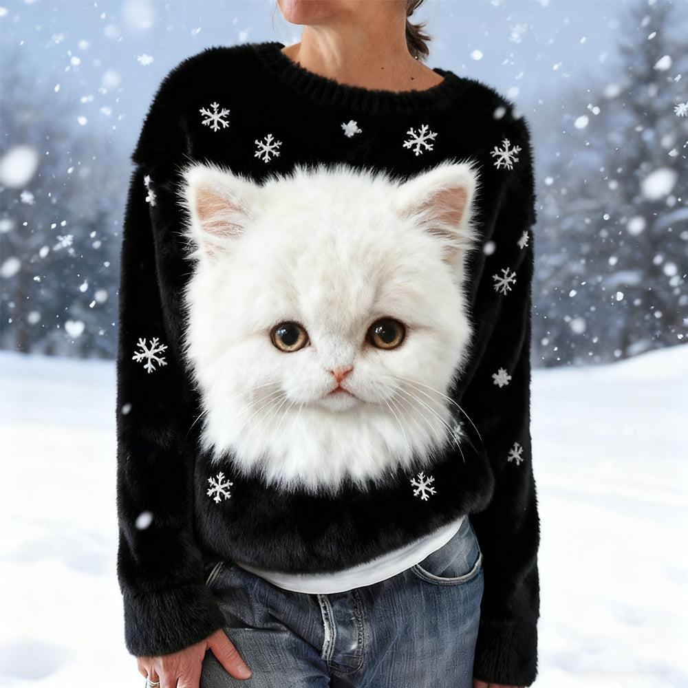 Comstylish Cute Cat & Snowflake Embroidered Cozy Plush Sweatshirt