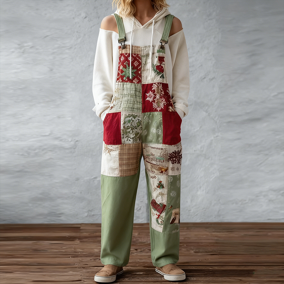 Comstylish Retro Christmas Elements Patch Printed Women's Overalls