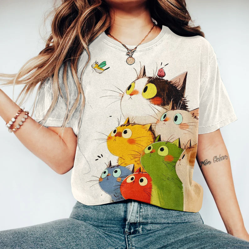 Abstract Creative Cat And Birds Fantasy Art Print Cotton Graphic T-shirt elevenforest