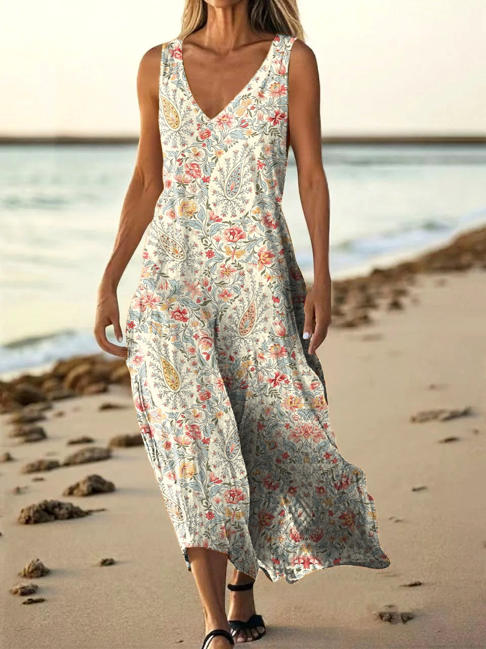 Women's Vintage Paisley Floral Art Print V-neck Sleeveless Pocket Cott