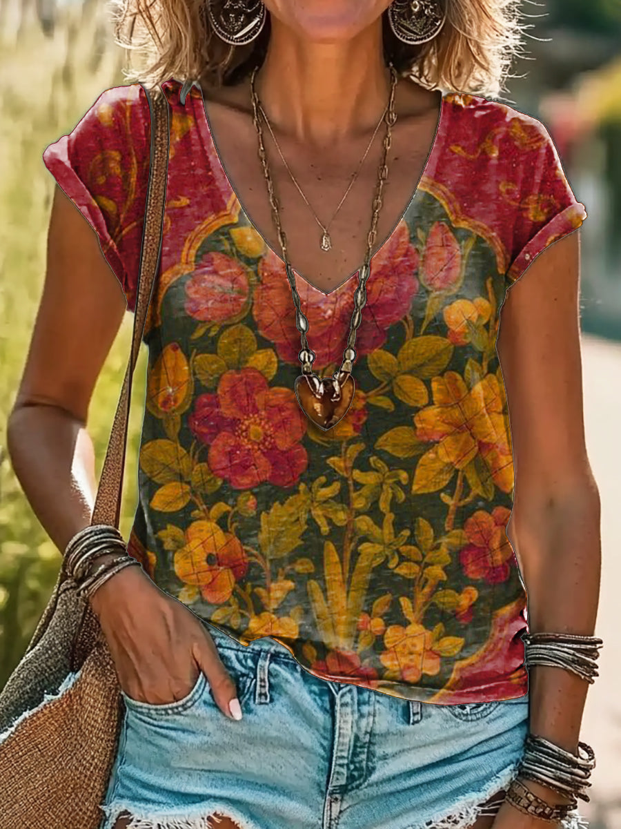 Vintage Ethnic Floral Art Print 100%Cotton V-neck T-Shirt