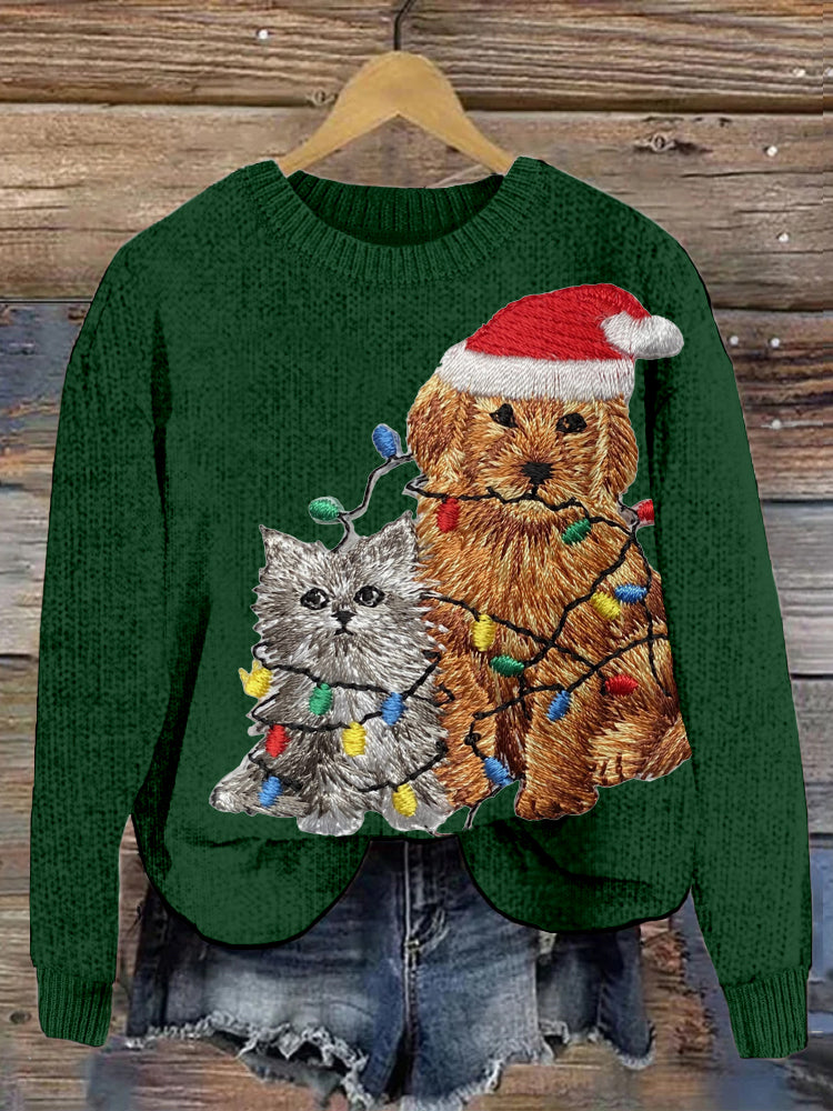 Christmas Dog & Cat Embroidered Cozy Sweater elevenforest