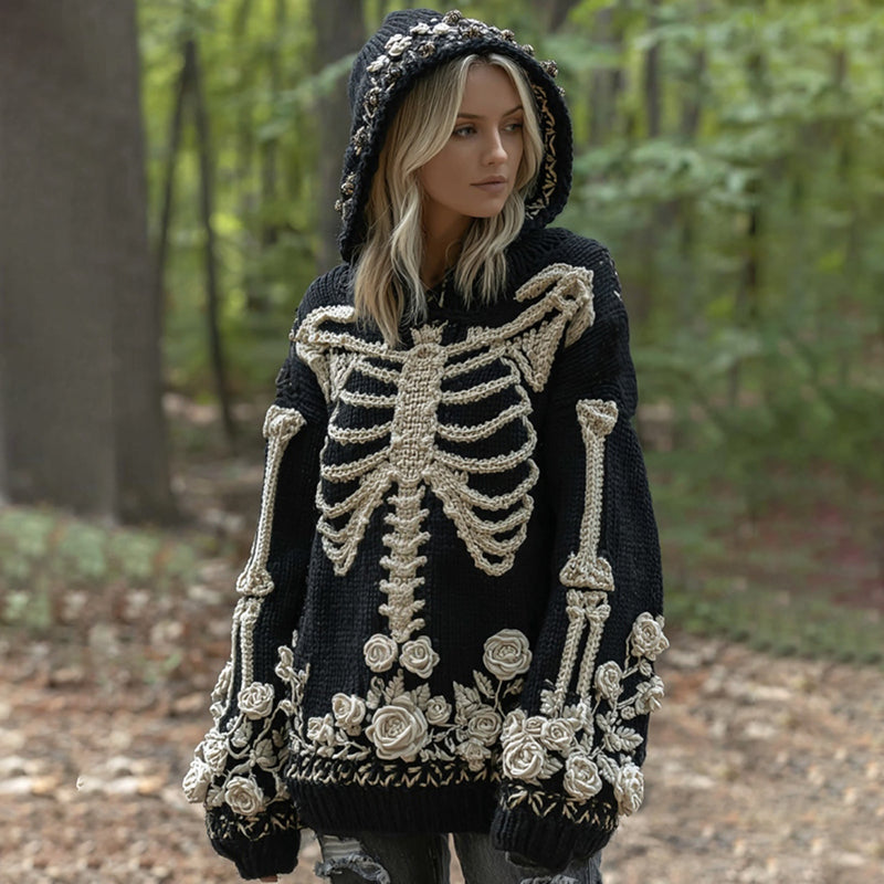 Halloween Skeleton Anatomy Floral Hooded Cozy Knit Sweater artswardrobe