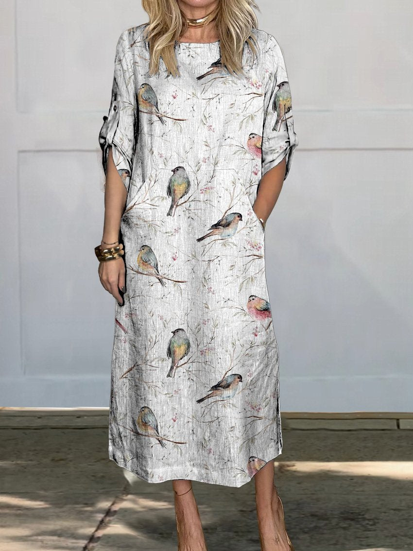 Lovely Spring Birds On Bough Repeat Pattern Printed Women's Comfortable Linen Pocket Dress
