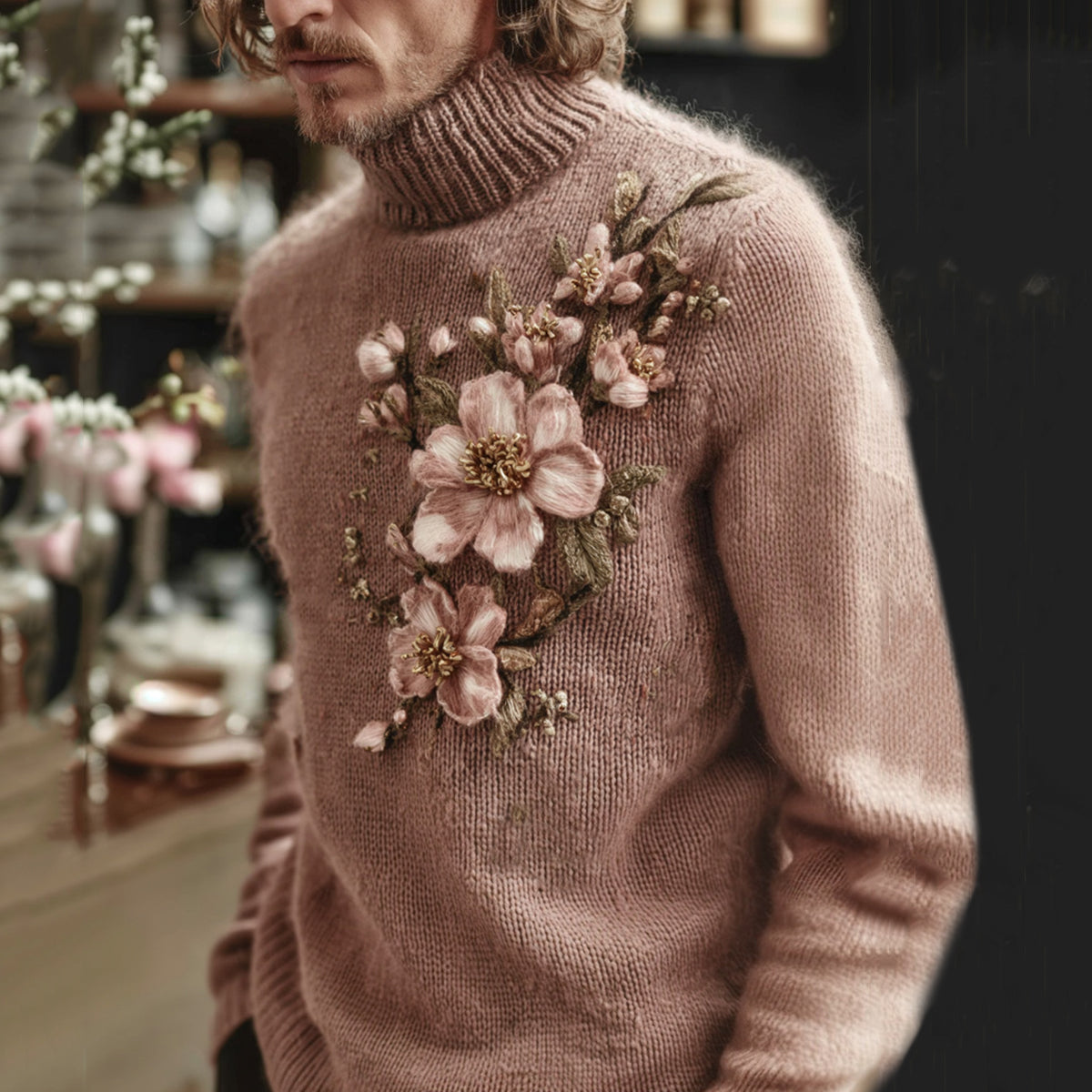 Men's Vintage Pink Almond Blossom Art Jacquard Thick Warm Turtleneck Sweater artswardrobe