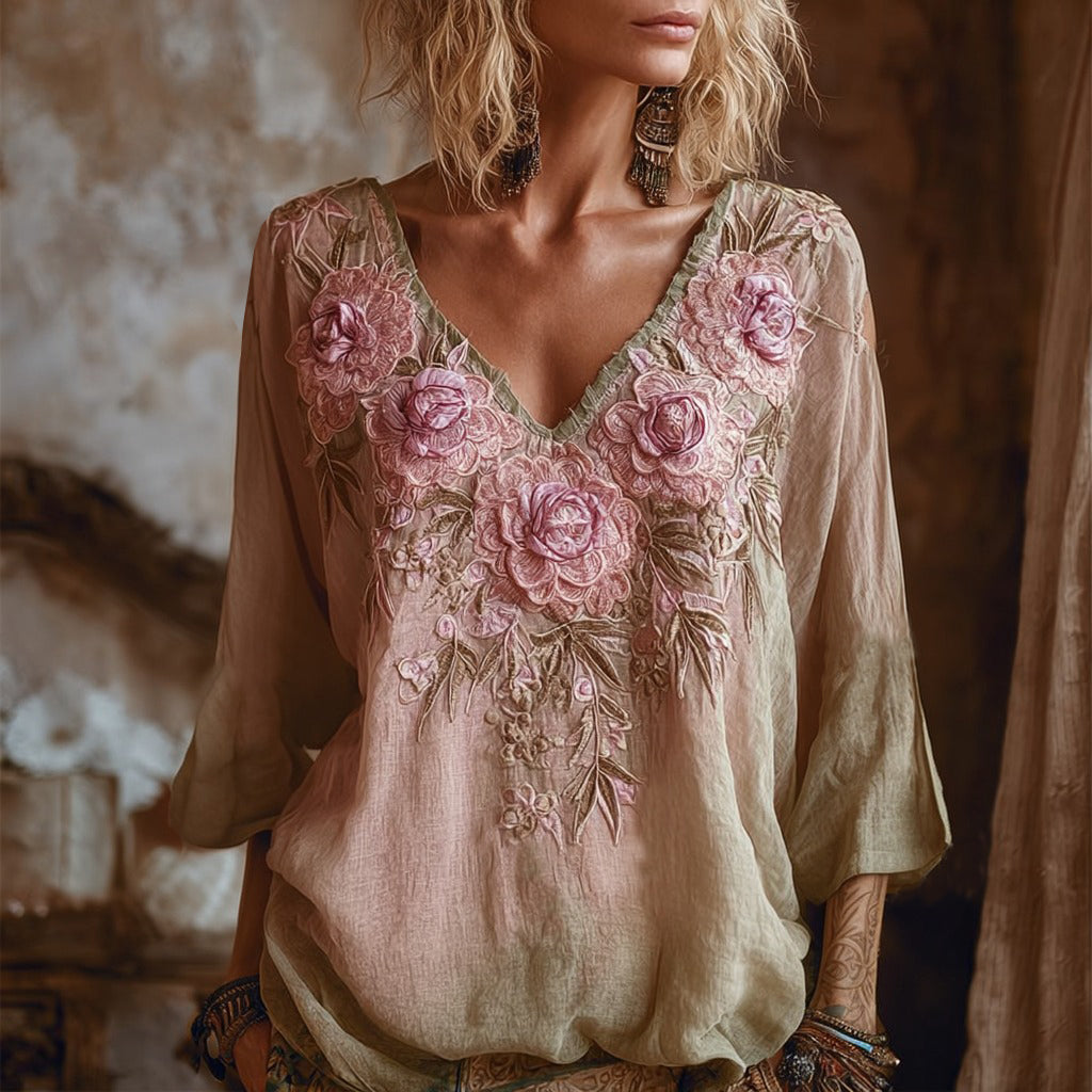 Women's Bohemian Rose Gradient Long Sleeve T-shirt artswardrobe