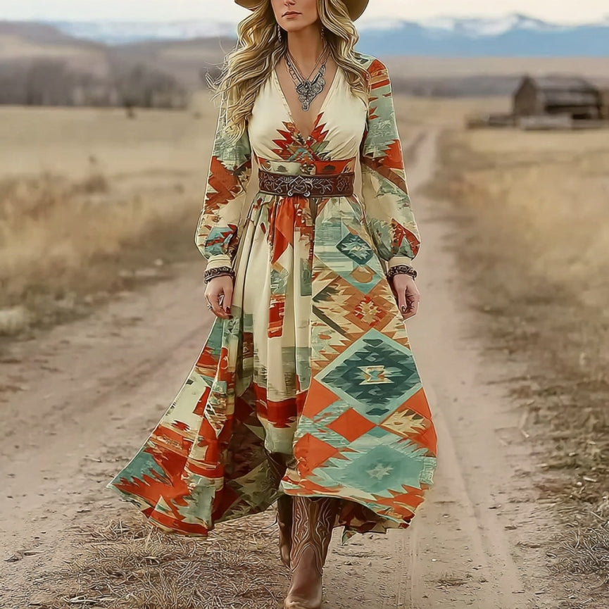 Women's Western Geometric Print V-neck Long Sleeve Midi Dress artswardrobe