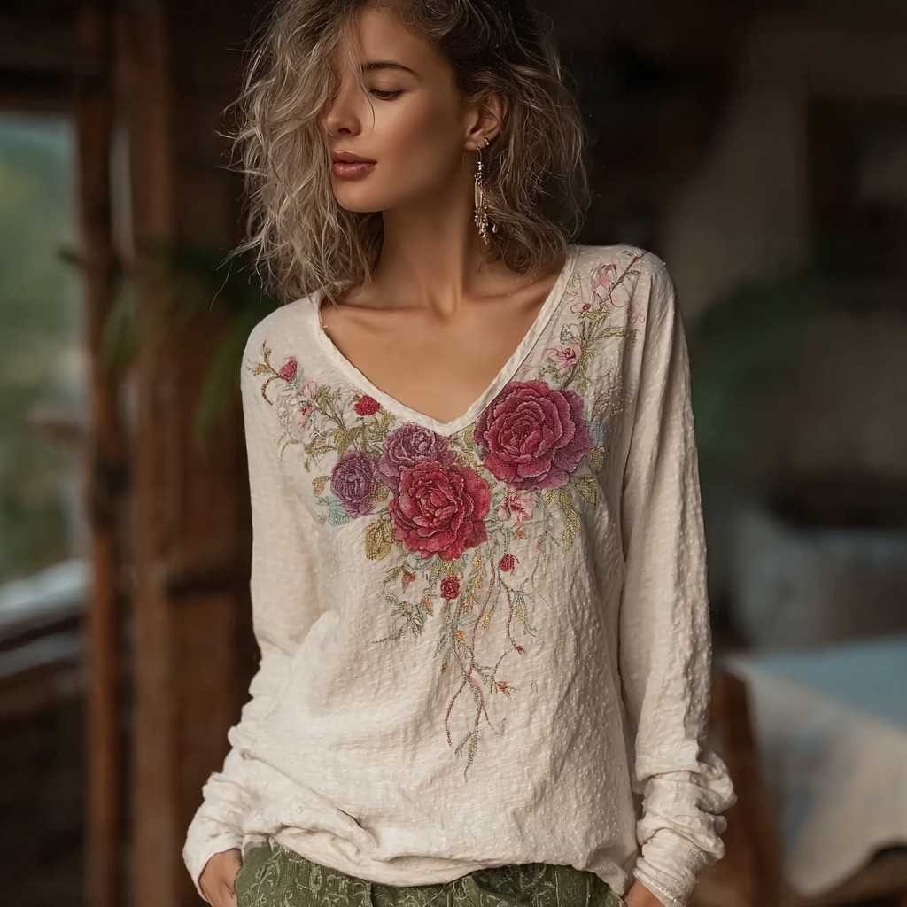 Bohemian Style Retro Red Rose Pattern Women's V-neck Long-sleeve Top elevenforest