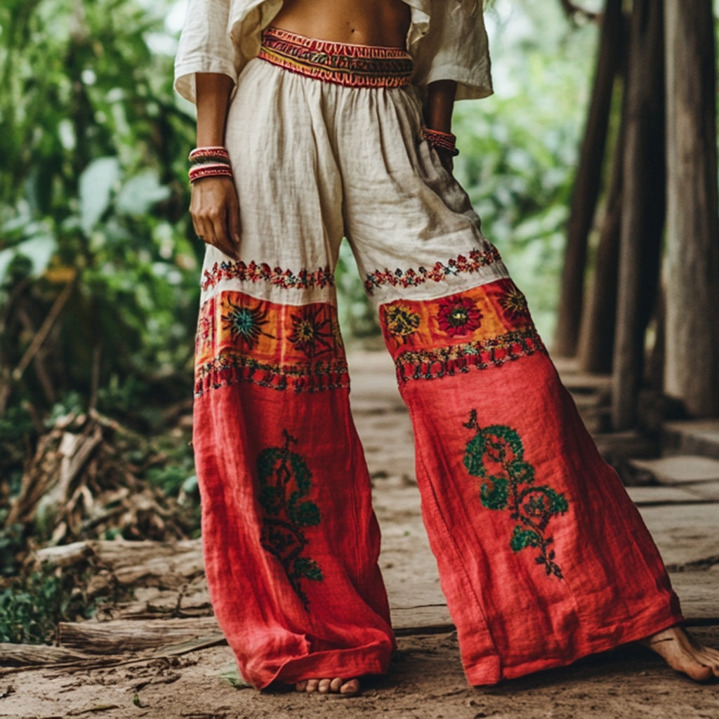 Women's Floral Embroidered Loose Linen Blend Pants artswardrobe