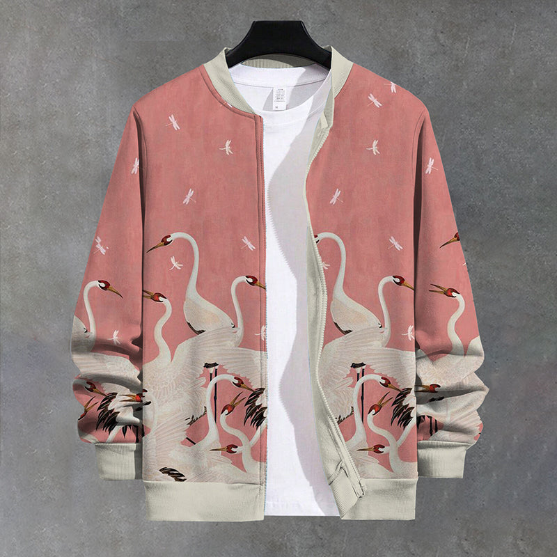 Men's Japanese Art Crane Graphic Zipper Baseball Jacket elevenforest