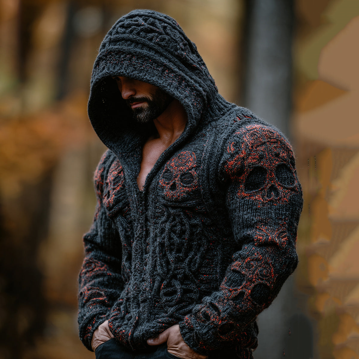 Men's Halloween Red Skull Knit Zip Up Hooded Sweater artswardrobe