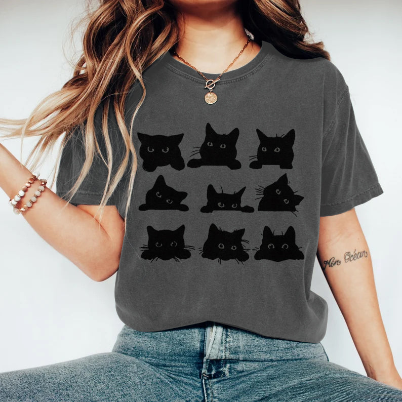 Abstract Creative Black Cats Art Print T-shirt elevenforest