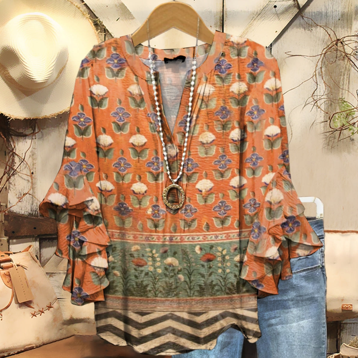 Women's Boho Floral Collage Art Pattern Print Casual Cotton Shirt