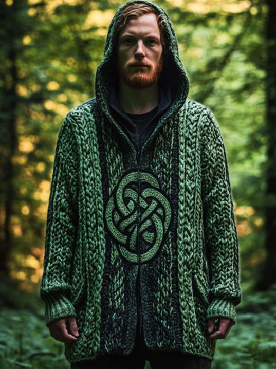 Men's Celtic Knot Jacquard Vintage Knit Hooded Cardigan artswardrobe