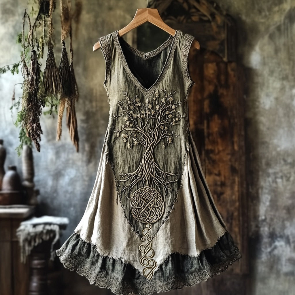 Tribal Life Of Tree Lace Contrast Color Art Linen Tank Dress artswardrobe