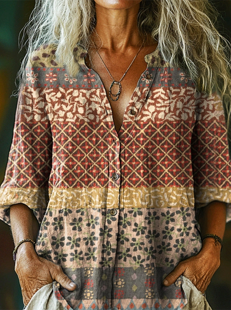 Women's Vintage Ethnic Floral Collage Art Pattern Print Casual Cotton