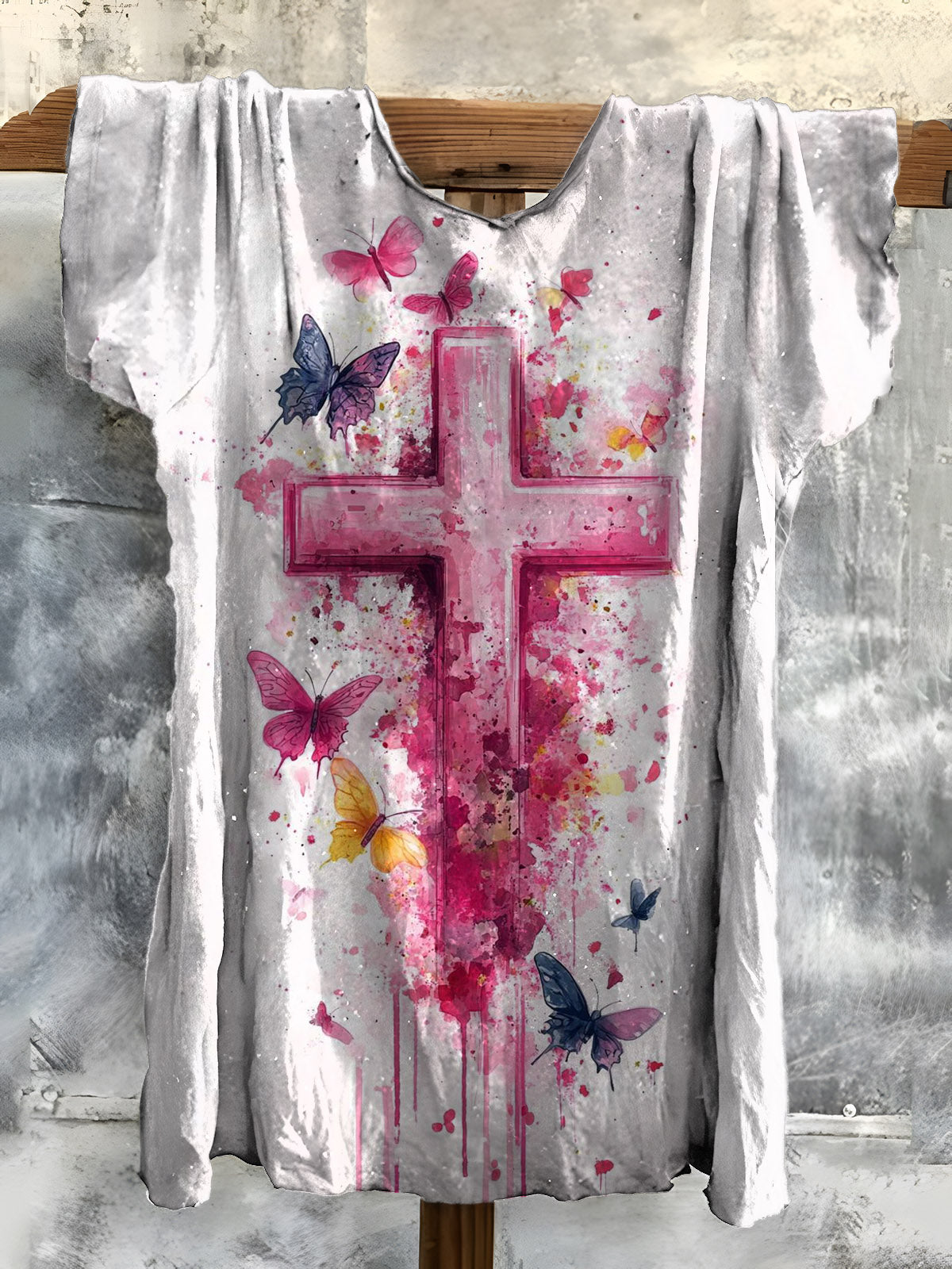 Butterfly and Cross Art Print Cotton Crew Neck T-shirt