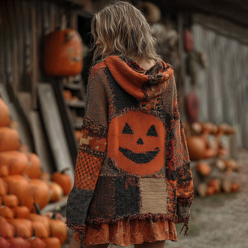 Patchwork Halloween Pumpkin Face Art Cozy Knit Hooded Cardigan elevenforest